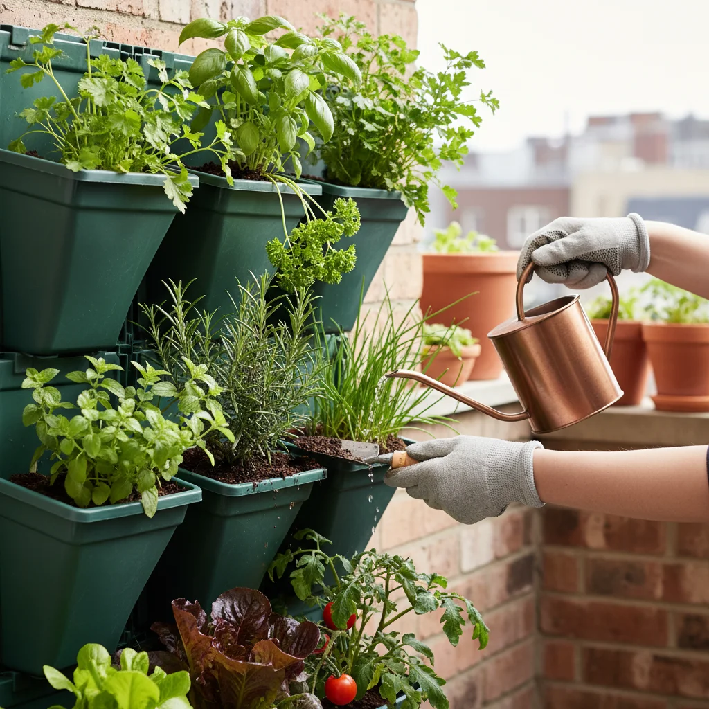 Close-up of a modular vertical herb garden with hands tending to plants