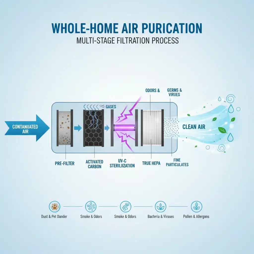 Diagram illustrating multi-stage whole-home air purification process