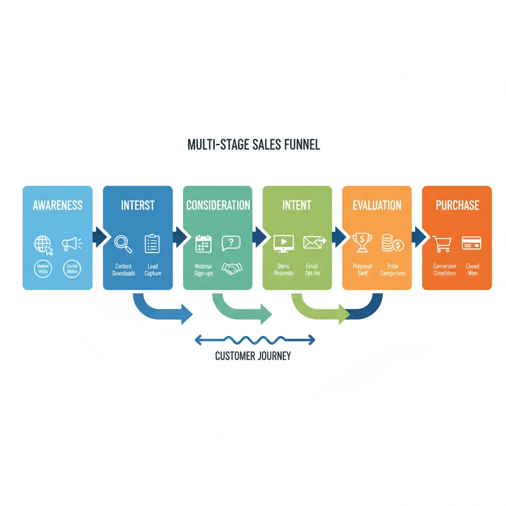 Detailed multi-stage sales funnel diagram showing customer journey and conversion points
