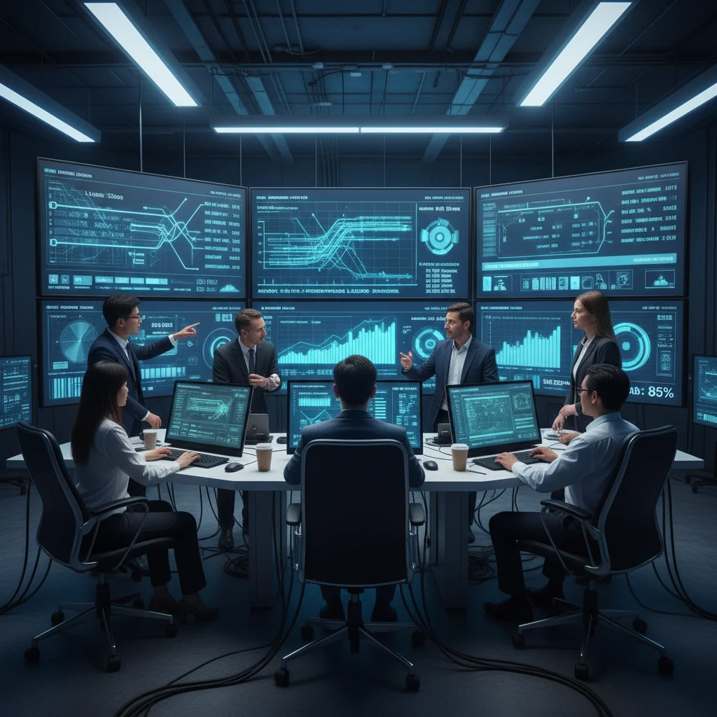Engineers monitoring network performance and data processing in a control room, symbolizing edge computing optimization.