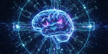 Brain-inspired neuromorphic computing architecture with glowing circuits