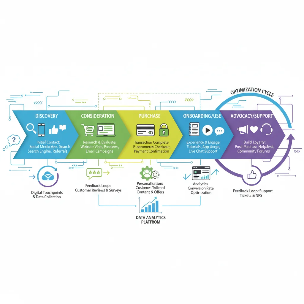 Infographic showing a detailed customer journey map with digital touchpoints.