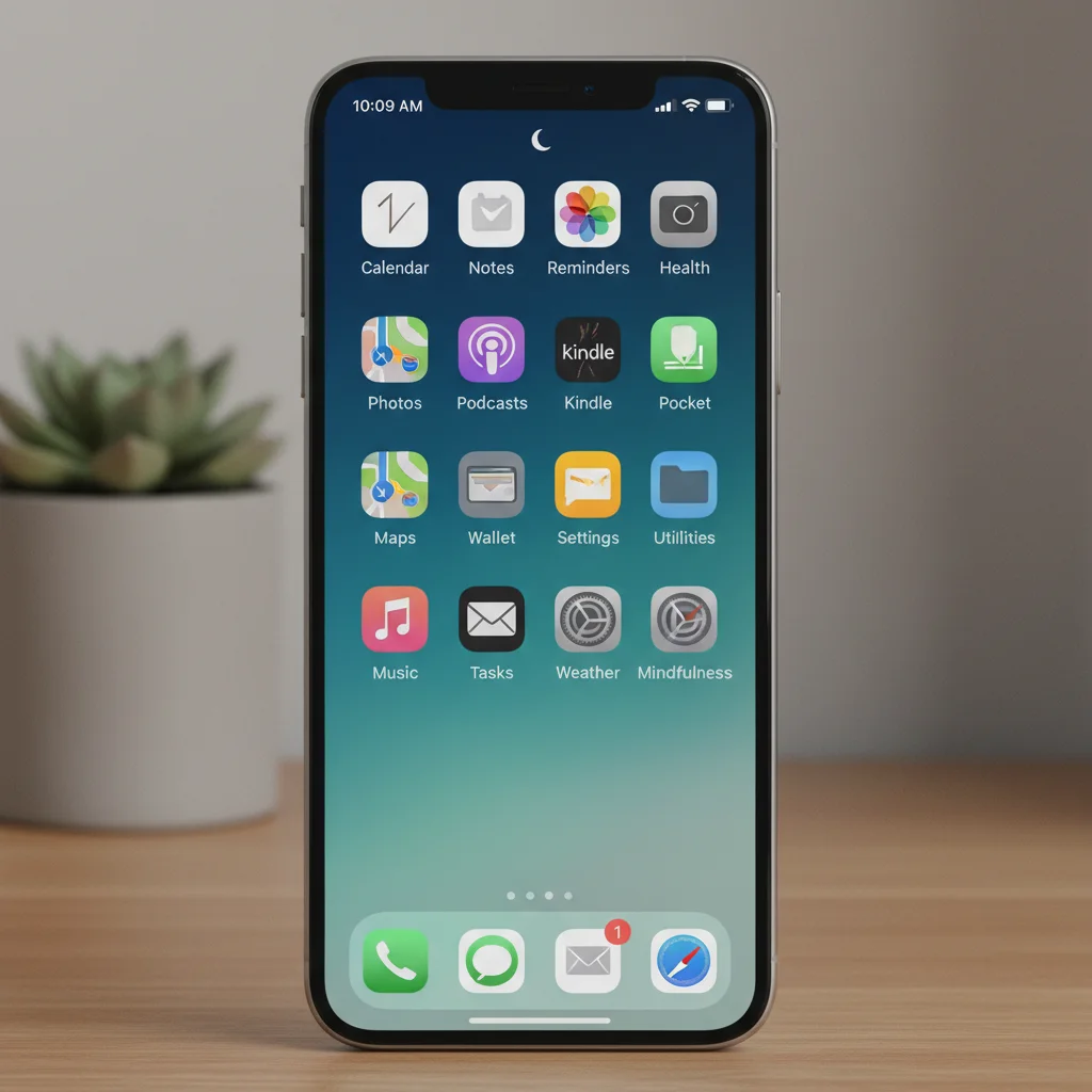 Organized smartphone screen with minimal app icons and no notifications, symbolizing digital efficiency.