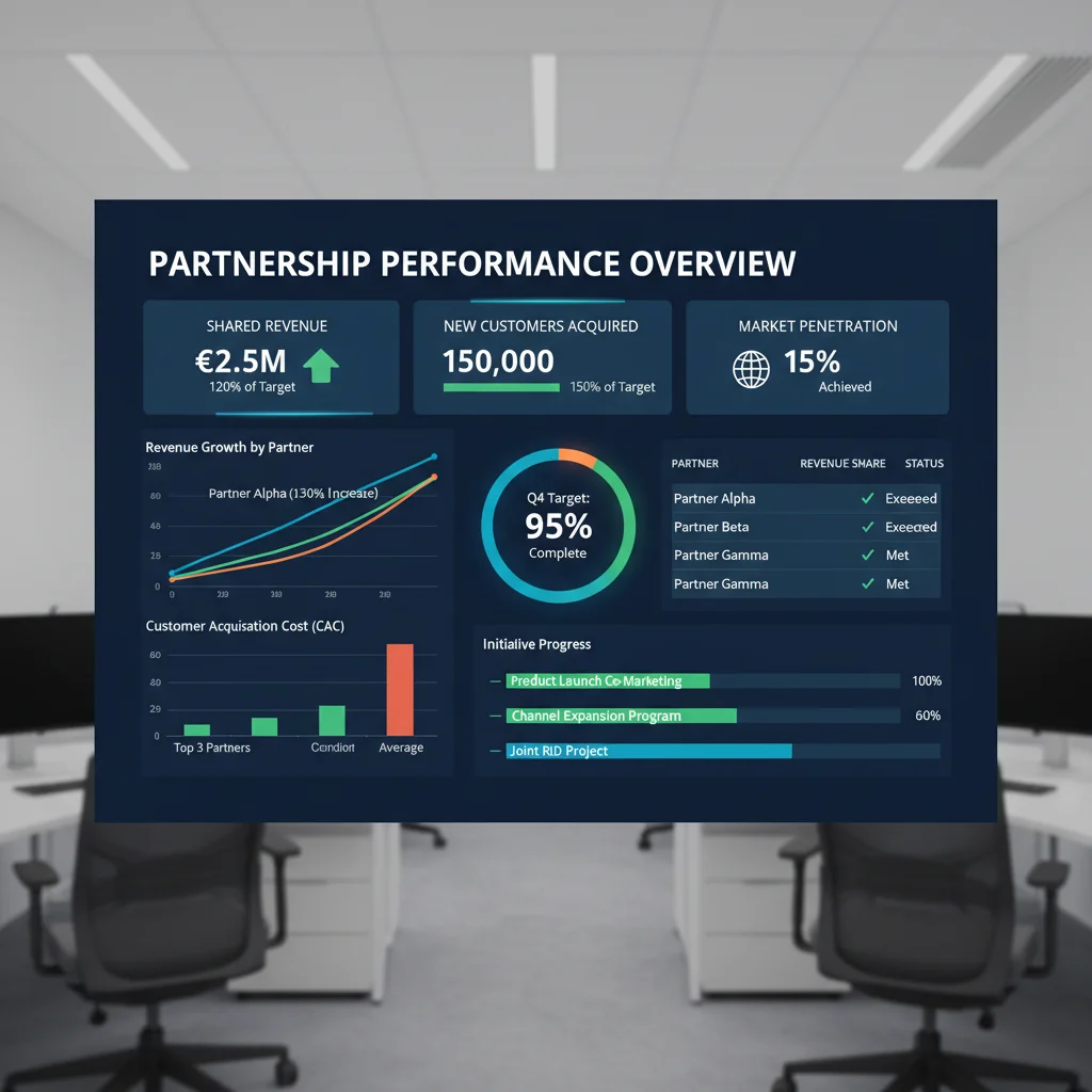 Digital dashboard displaying key performance indicators for successful strategic partnerships and revenue generation.