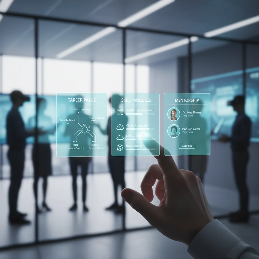 Hand interacting with a holographic display showing a personalized career path and skill development options for an employee.