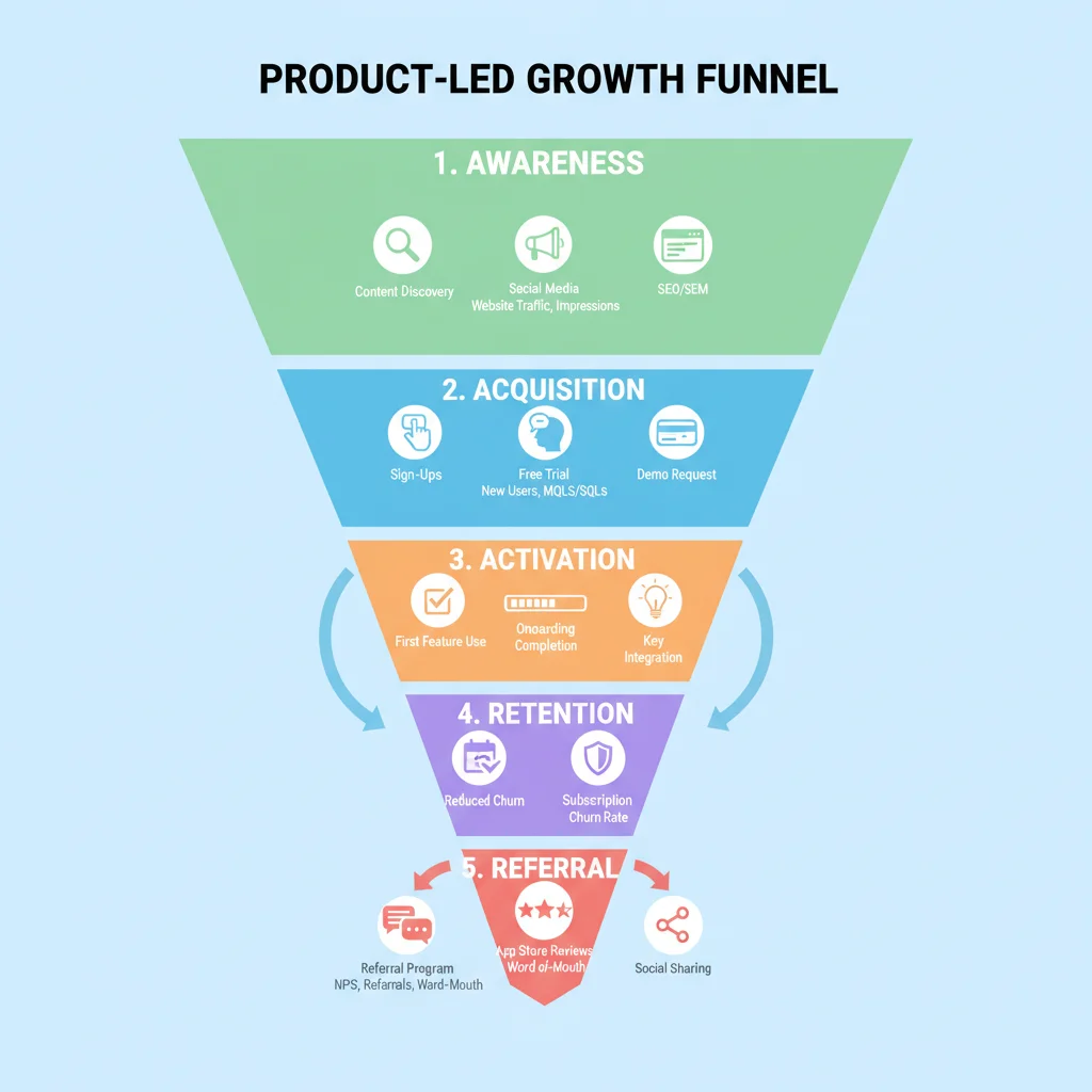 Product-led growth funnel stages infographic