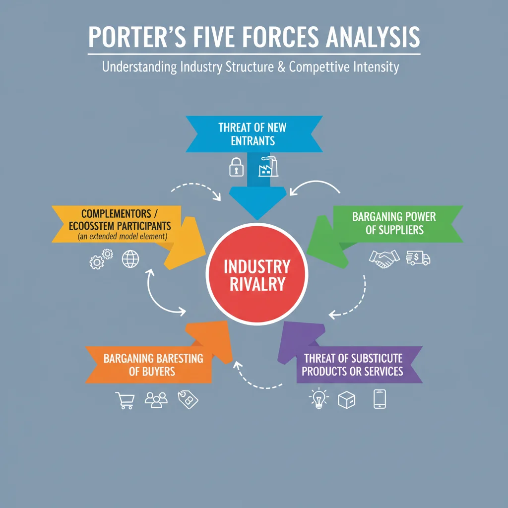 Infographic illustrating Porter's Five Forces analysis for competitive strategy.