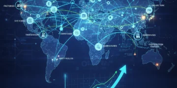 Predictive Analytics for U.S. Supply Chains: 2026 Efficiency Innovations Digital visualization of predictive analytics optimizing U.S. supply chain efficiency with data streams and interconnected nodes.
