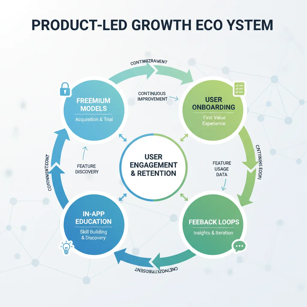 Infographic illustrating product-led growth cycle with freemium, onboarding, and feedback mechanisms.