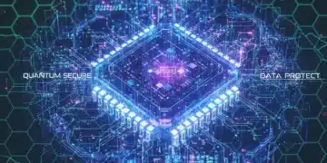 Quantum processor illuminating complex data pathways, representing advanced security challenges