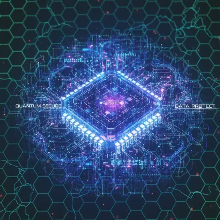 Quantum processor illuminating complex data pathways, representing advanced security challenges
