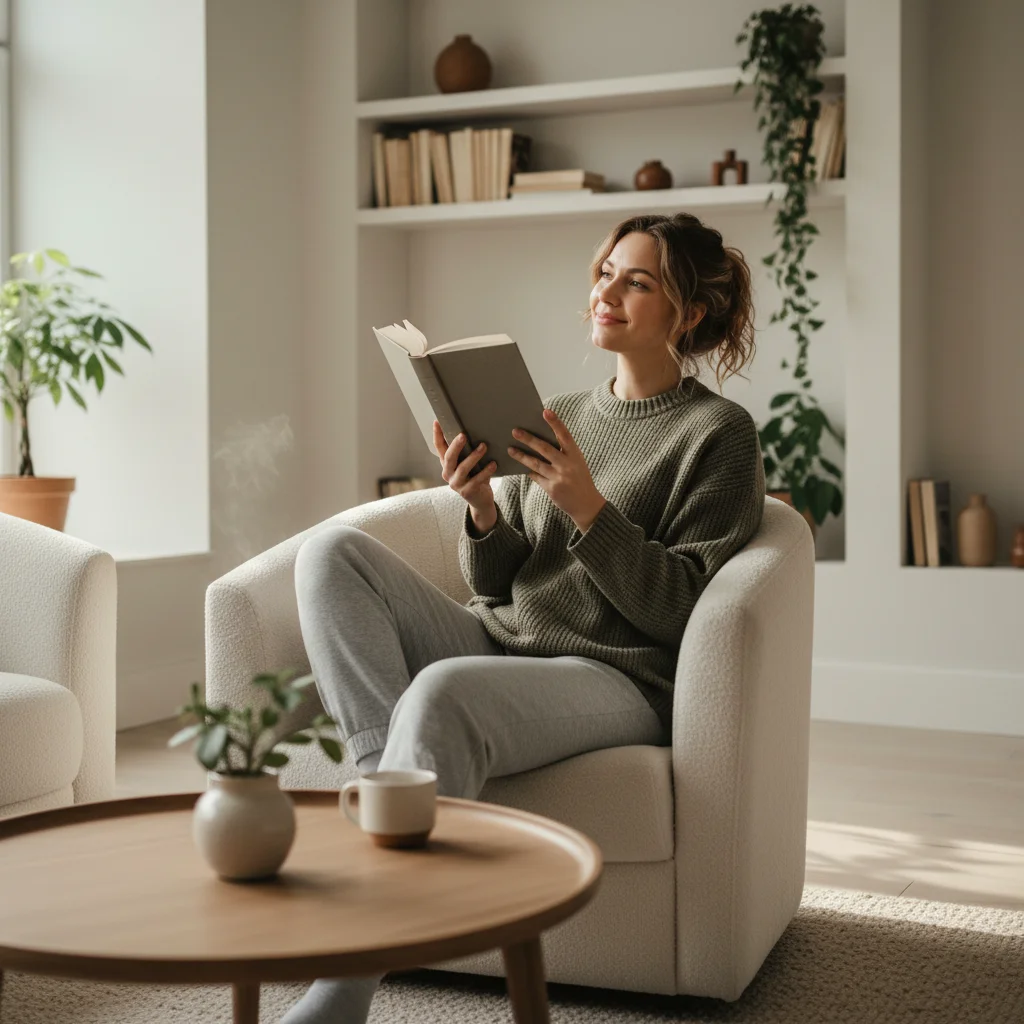 Person reading a book in a calm, uncluttered room, enjoying digital freedom.