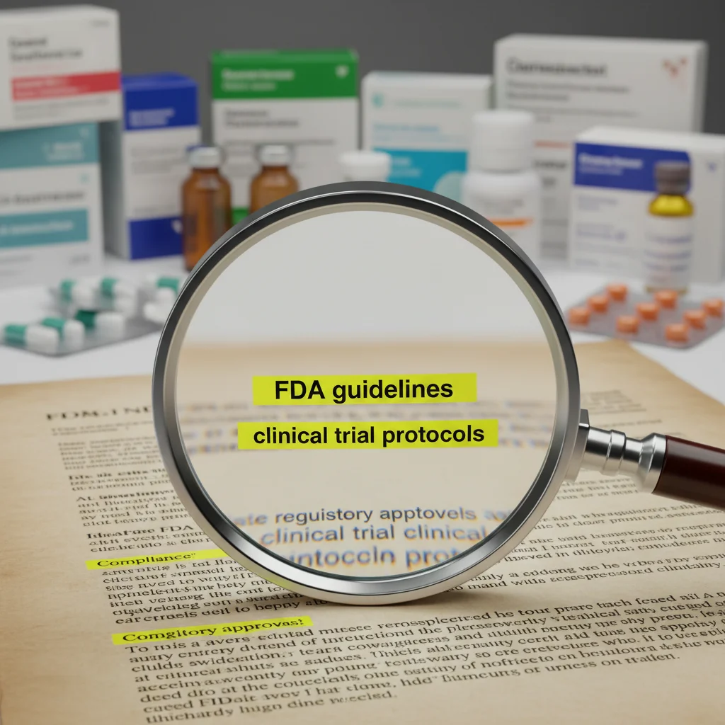 Close-up of regulatory documents with magnifying glass highlighting FDA guidelines