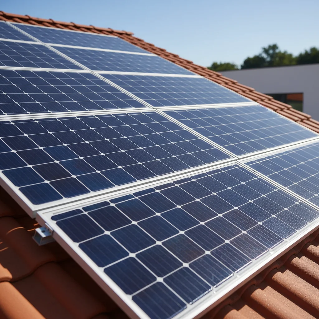 Detailed view of residential solar panels on a rooftop, harnessing sunlight for home energy.