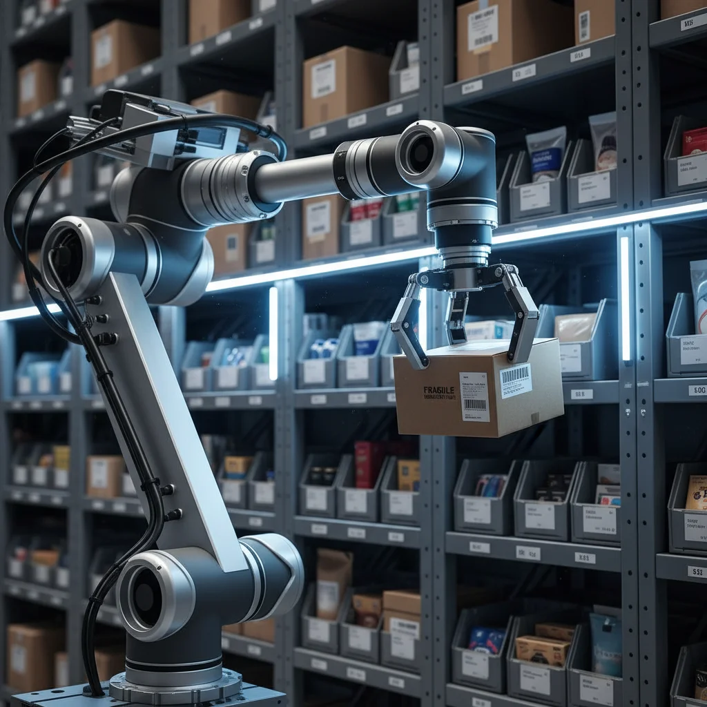 Robotic arm meticulously picking a package from a warehouse shelf, showcasing precision and automation.