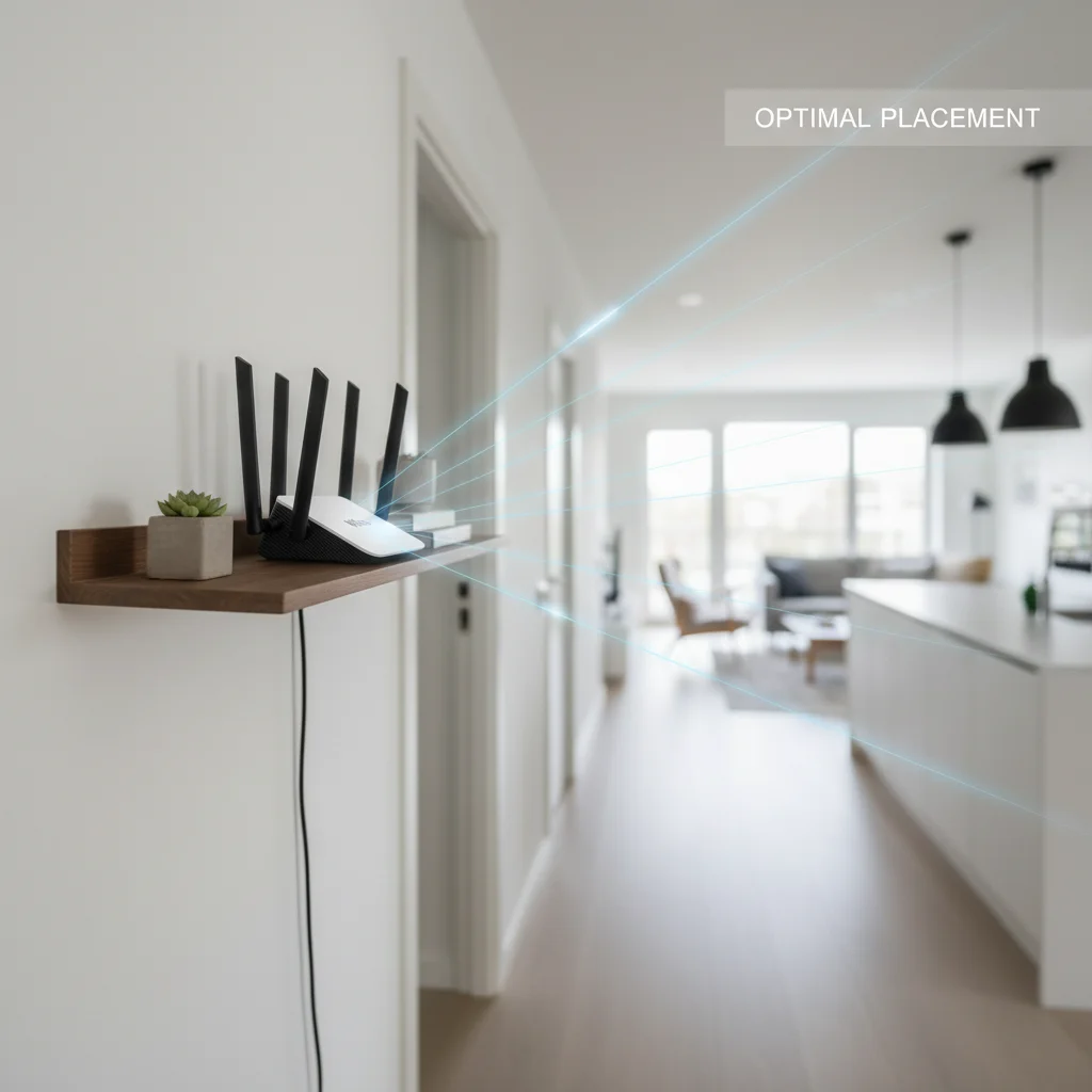 Optimally placed Wi-Fi router on a high shelf for maximum signal coverage