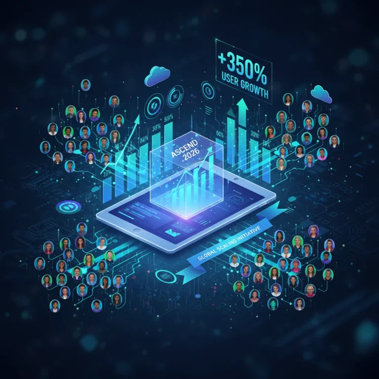 Illustration of SaaS growth with upward arrows, user icons, and a data dashboard, symbolizing successful user acquisition strategies for 2026.