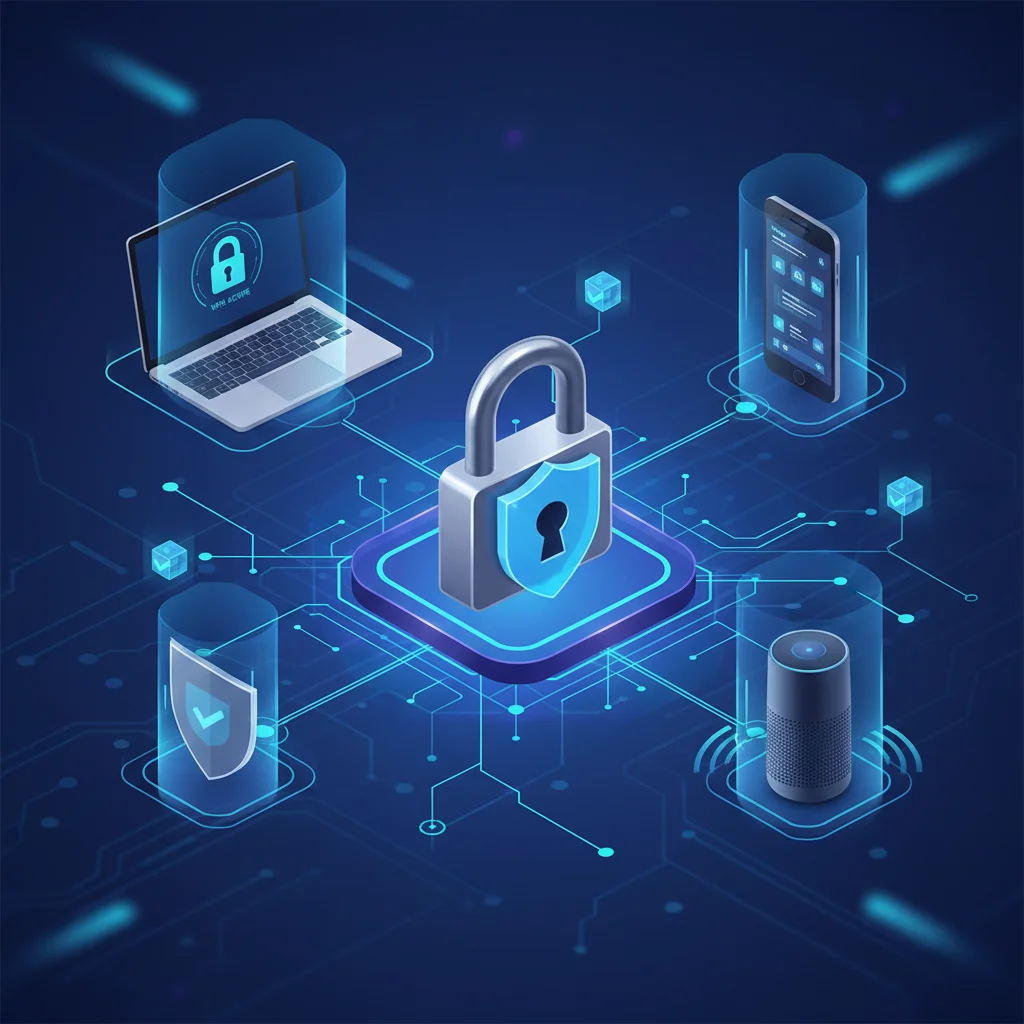 Digital representation of a secure home network with encrypted connections and cybersecurity elements