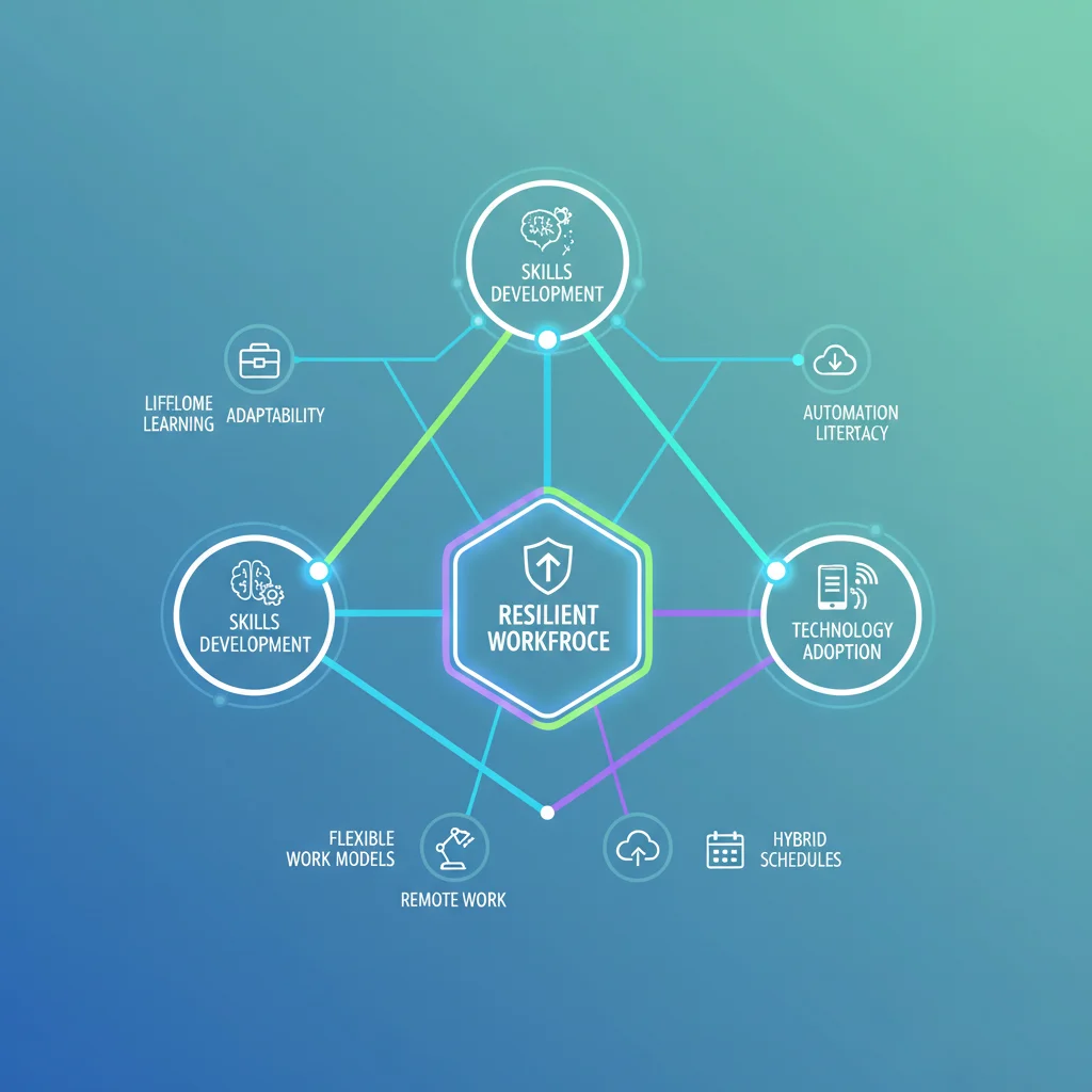 Infographic showing interconnectedness of skills, technology, and flexible work for workforce resilience.