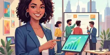 Small Business Growth: 5 Strategies for 15% Revenue Boost by 2026 Small business owner analyzing growth data on a tablet, surrounded by a collaborative team.