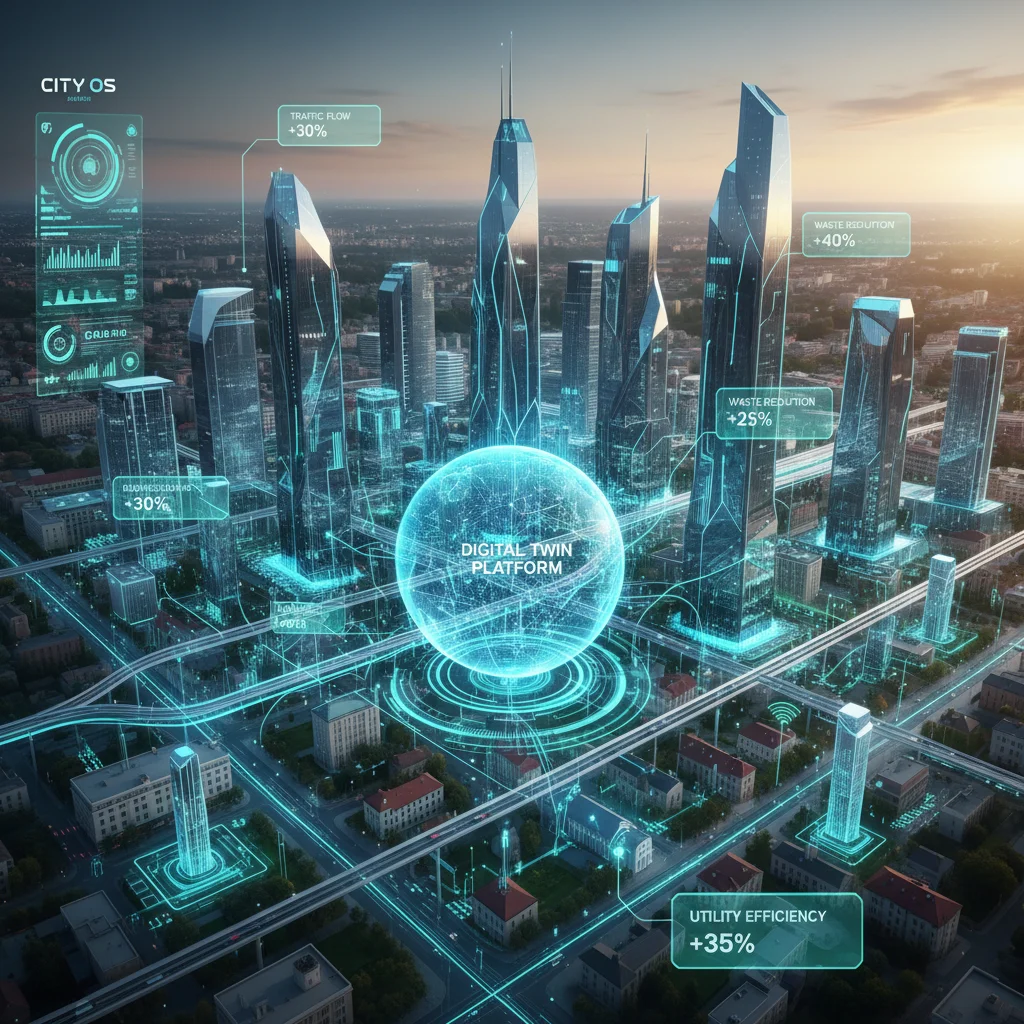Smart city infrastructure visualized through a digital twin, demonstrating optimized urban planning.