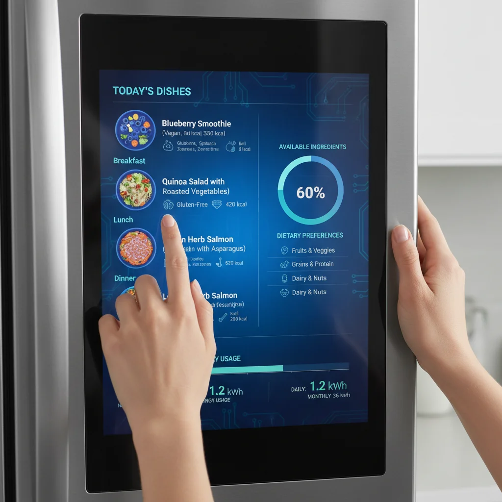 Smart refrigerator touch screen with meal planning and energy data