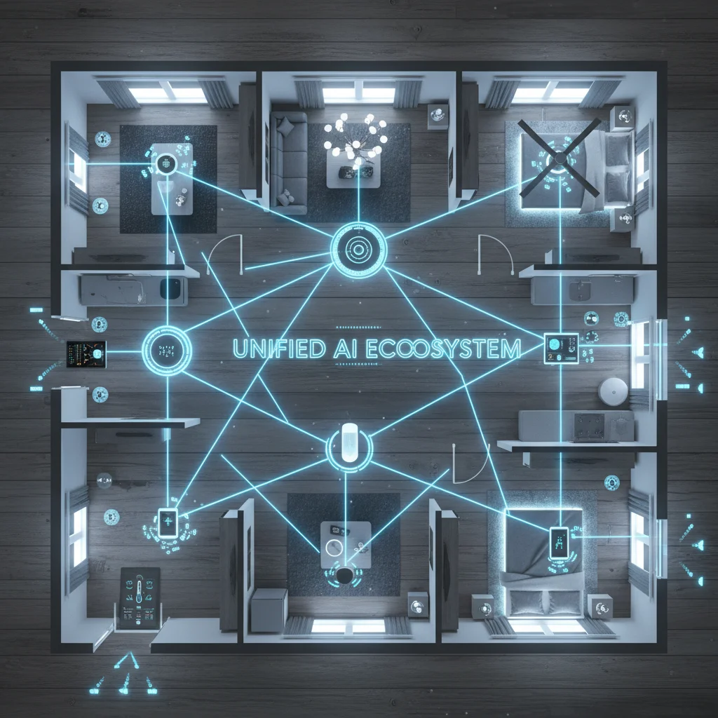 Integrated smart home ecosystem with AI controlling security, lighting, and climate.