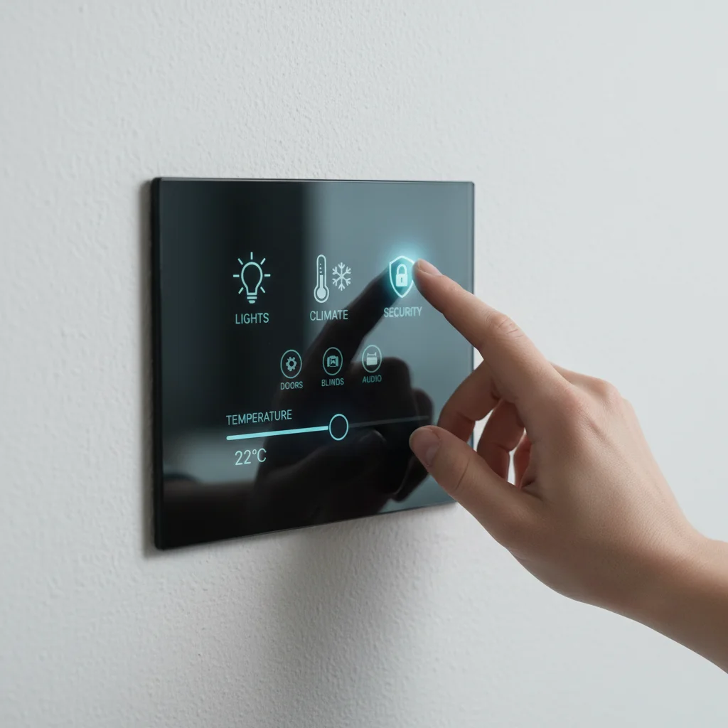 Hand operating a futuristic smart home control panel on a wall.