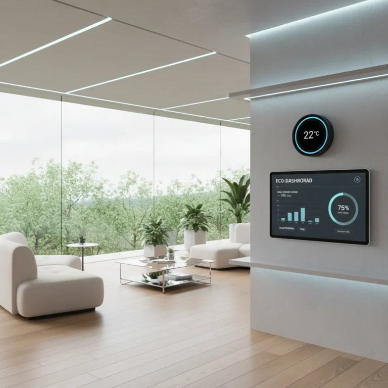 Smart home interior showcasing energy-efficient technology and smart devices