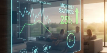 Smart home interface showing energy savings and a happy family
