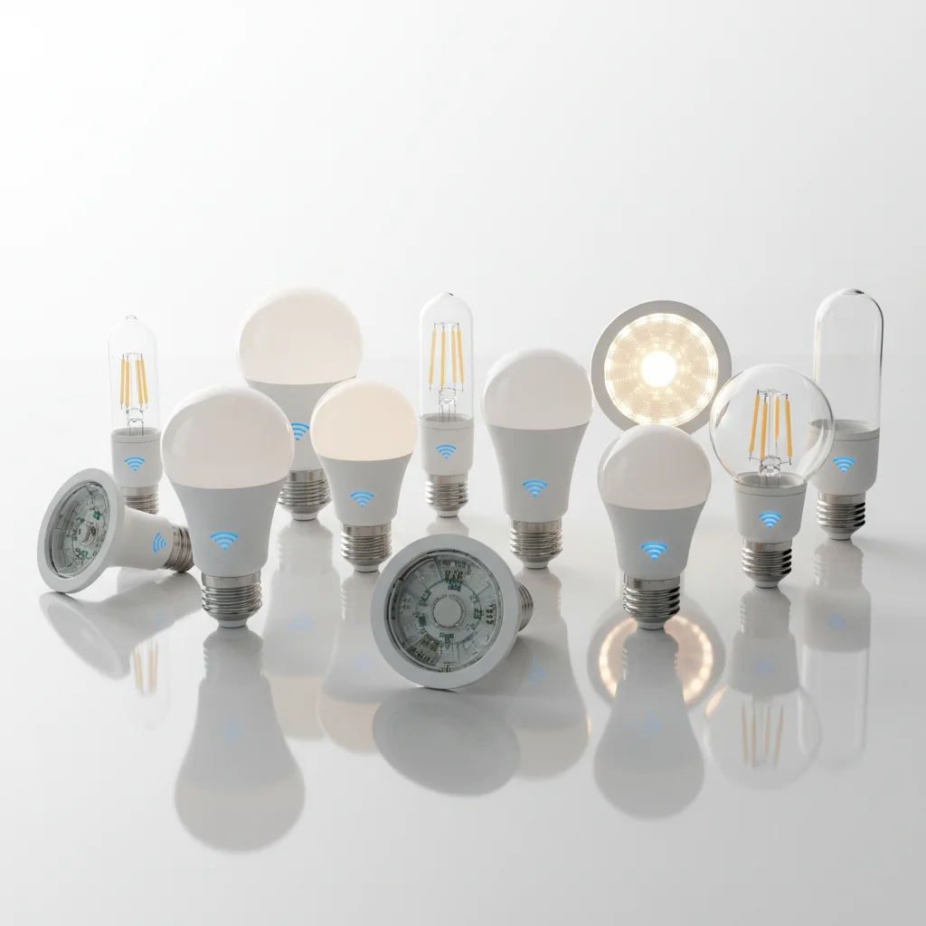 Assortment of smart LED light bulbs for home automation systems.