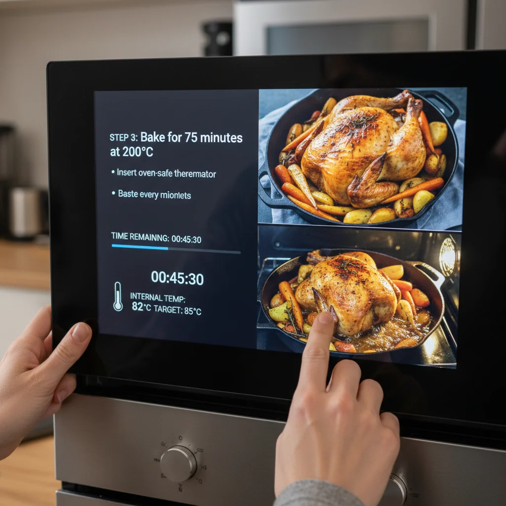 Smart oven display showing recipe and cooking progress.