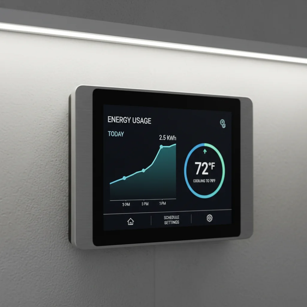 Smart thermostat displaying energy usage data on a wall