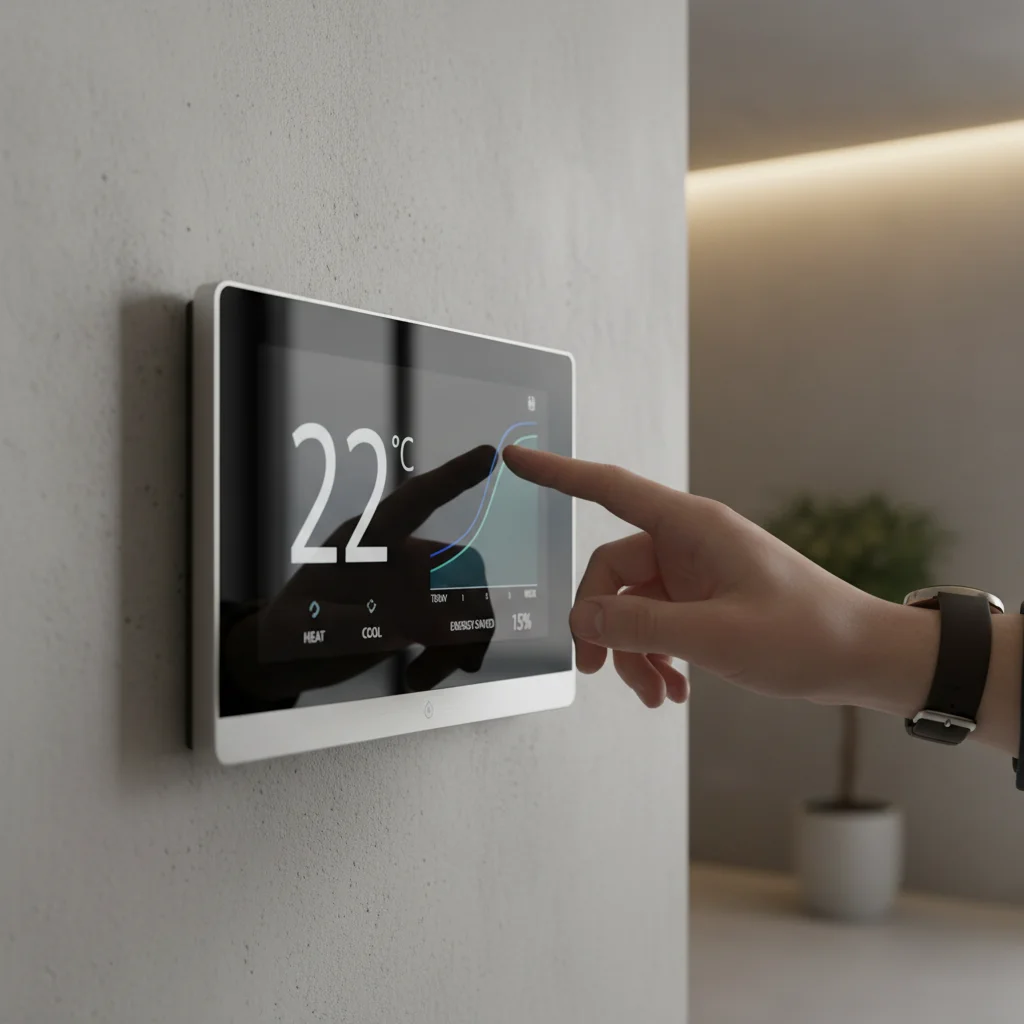 Modern smart thermostat displaying energy usage data on its screen