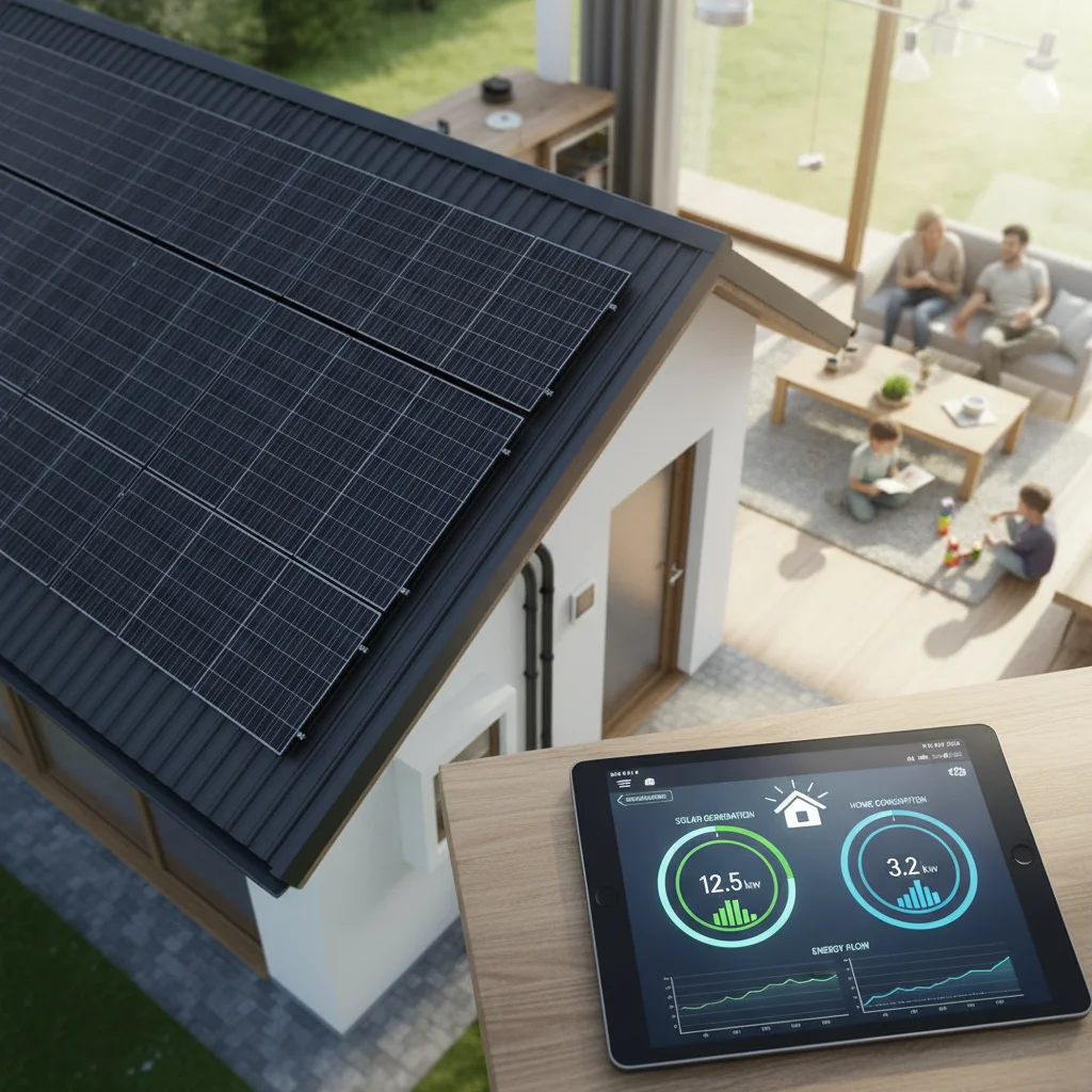 Home with solar panels and a tablet displaying smart energy management system data