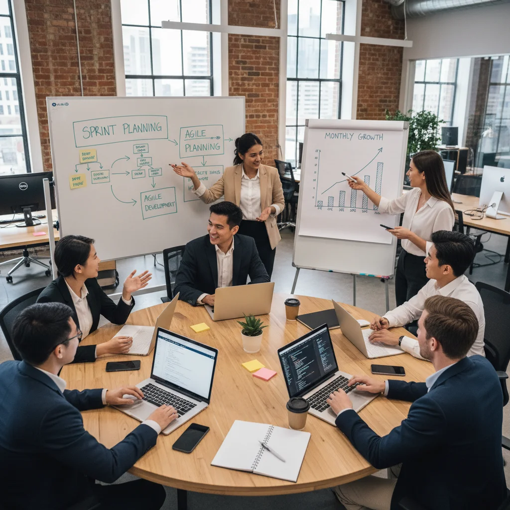 Startup team collaborating on growth strategies and product development