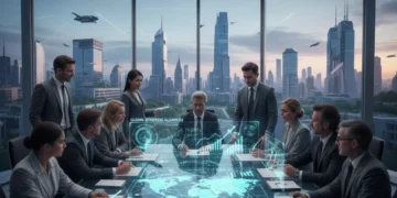 Diverse business leaders collaborating on a holographic global network in a modern boardroom, representing strategic partnerships for future growth.