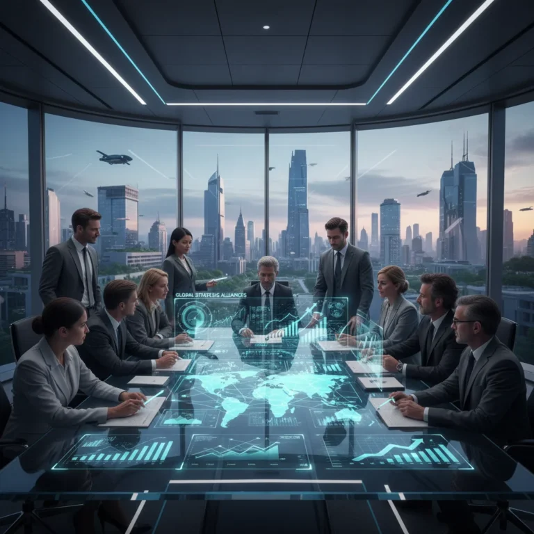 Diverse business leaders collaborating on a holographic global network in a modern boardroom, representing strategic partnerships for future growth.
