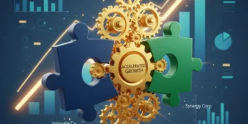 Illustration of two businesses collaborating to achieve 20% revenue growth, showing interlocking gears.