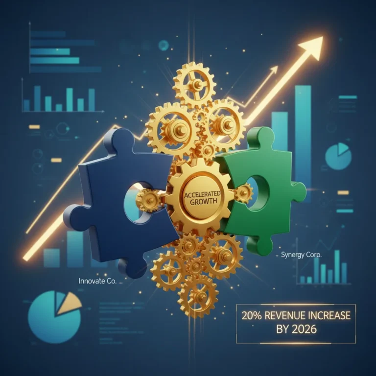 Illustration of two businesses collaborating to achieve 20% revenue growth, showing interlocking gears.