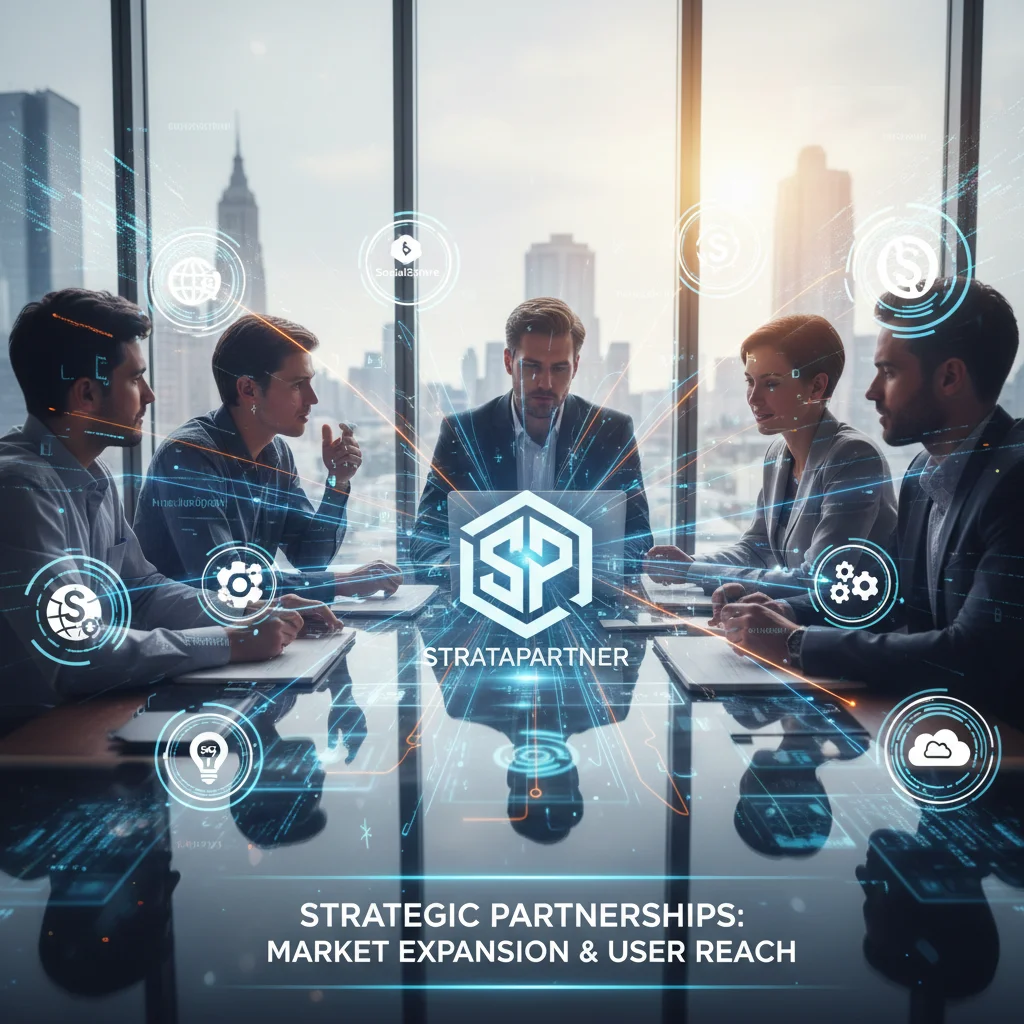 Diverse professionals collaborating, forming a network around a SaaS logo, symbolizing strategic partnerships and market expansion.
