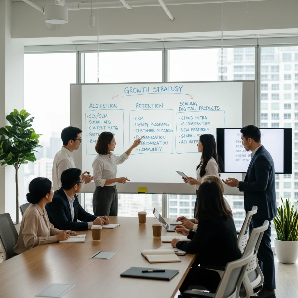 Business team brainstorming customer acquisition and retention strategies for digital products.