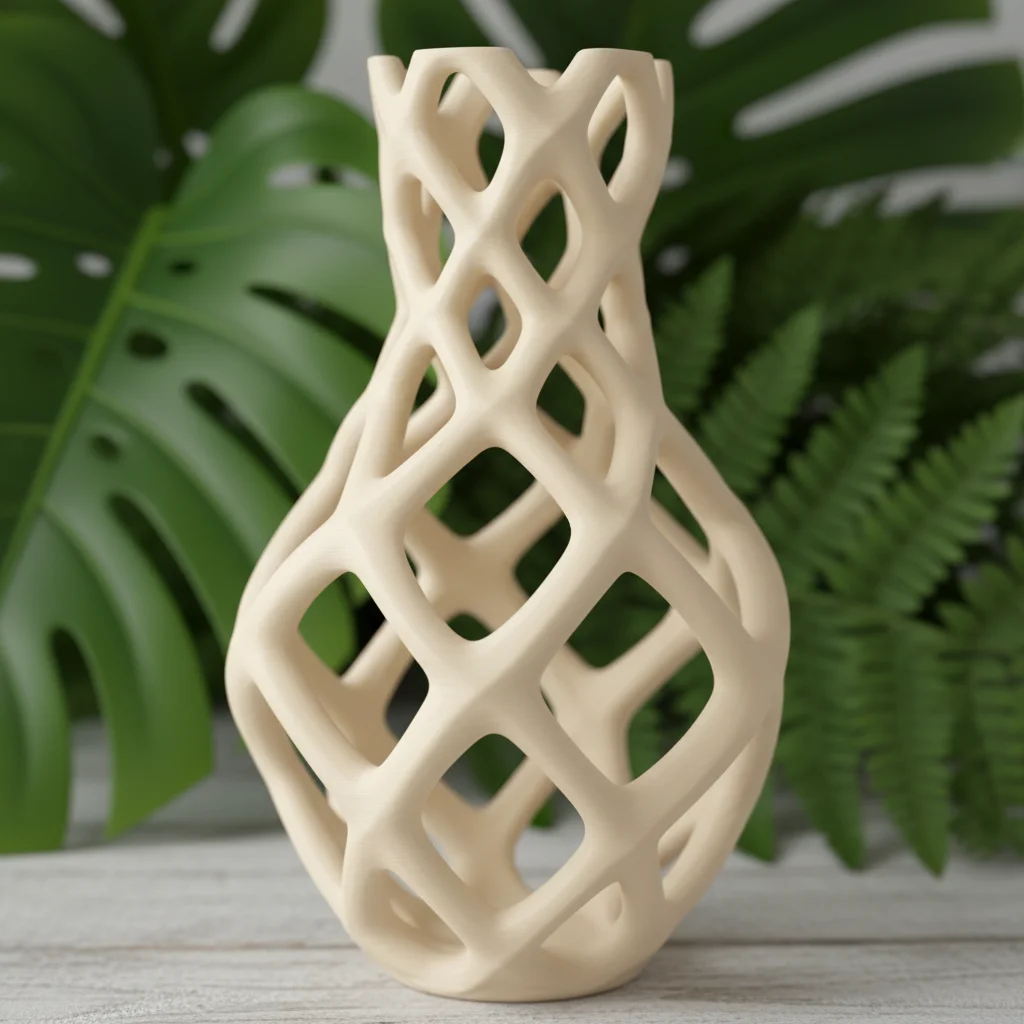 Biodegradable 3D-printed object demonstrating sustainable material manufacturing.