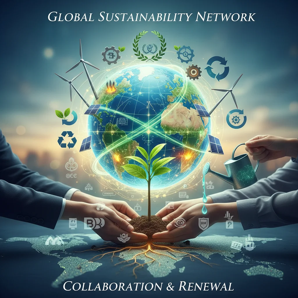 Global network of sustainable business practices with renewable energy and circular economy symbols.