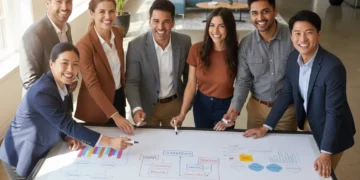 Diverse team collaborating on growth strategies in a modern office