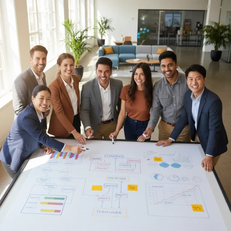 Diverse team collaborating on growth strategies in a modern office