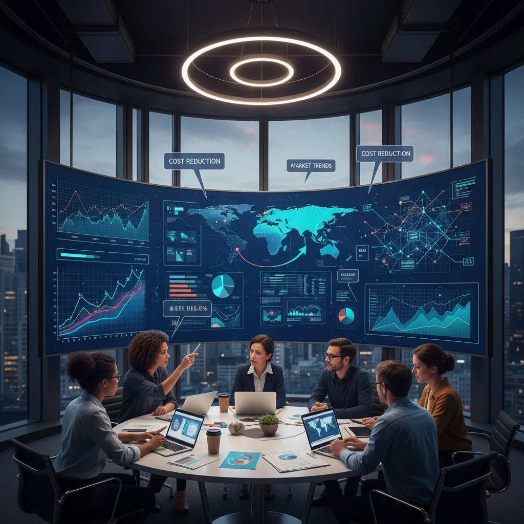 Team collaborating on data visualizations and predictive analytics for strategic decision-making.