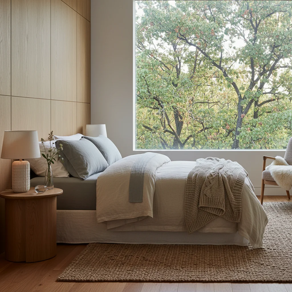 Cozy bedroom with natural linen, wooden accents, and a window view of trees, enhancing relaxation and sleep.