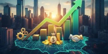 Dynamic graph showing 20% business growth in the US, with financial symbols.