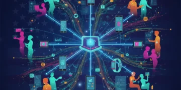 Futuristic infographic showing interconnected digital devices and diverse US consumers in 2026, representing evolving market trends.